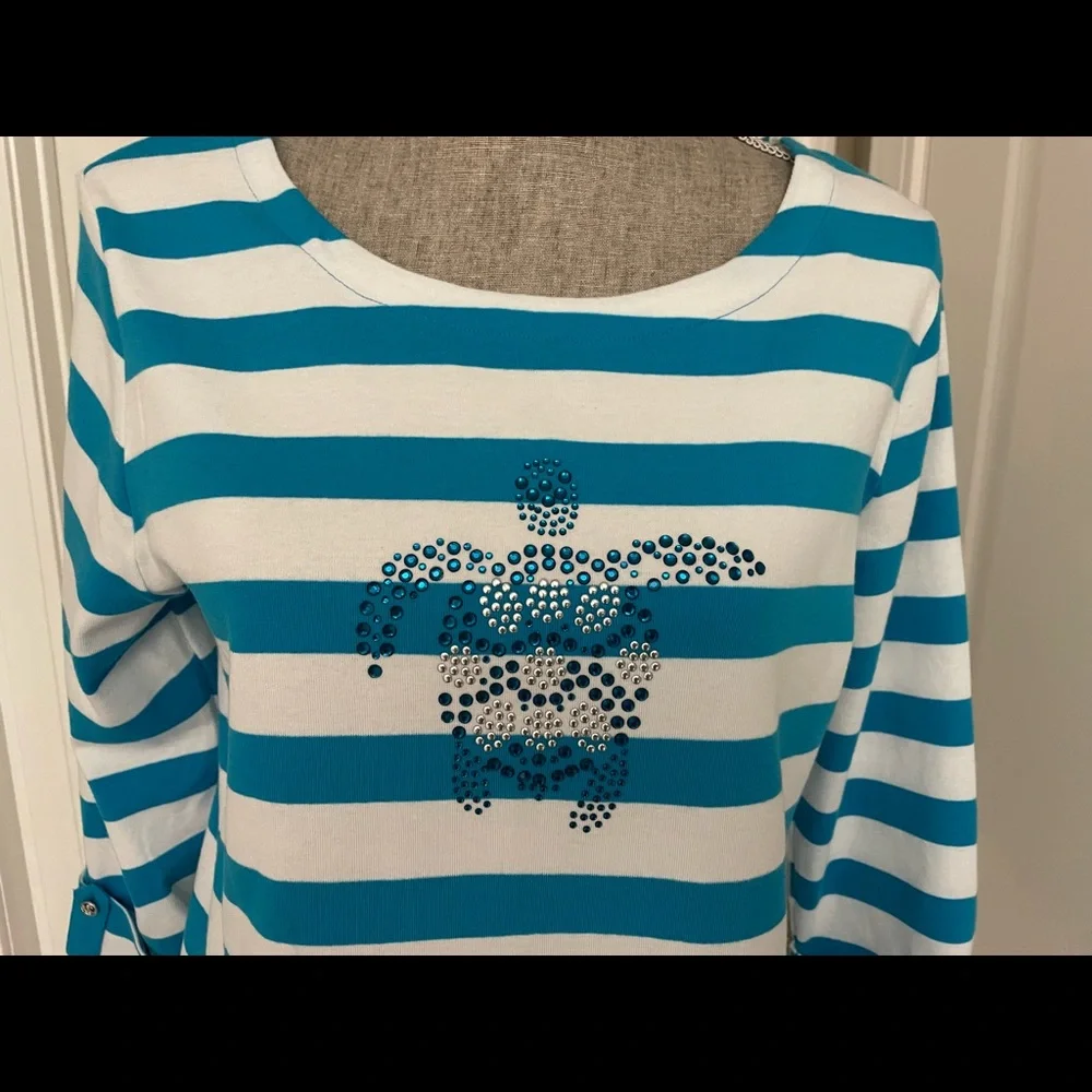 🌸🌸SALE! 4 FOR $20!PALM GROVE Teal&White Stripe Jeweled Turtle 3/4 Slv Top SzS - Picture 4 of 7